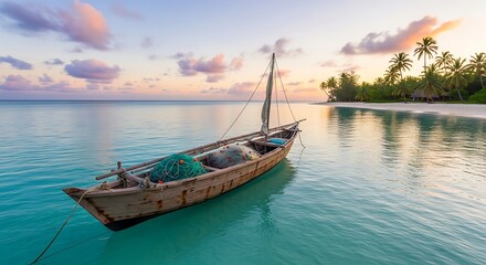 Fototapeta premium Traditional Dhow Boat Anchored in Turquoise Waters at Sunset.