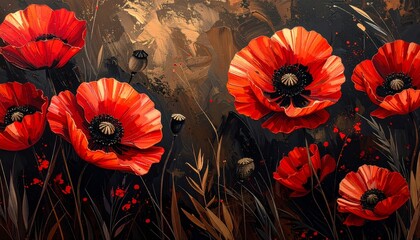 Watercolor illustration of bright red poppies and green leaves