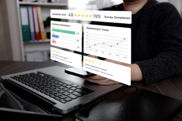 Digital customer feedback interface displaying satisfaction score, sentiment distribution and survey analytics on laptop, representing user experience research and service performance evaluation.