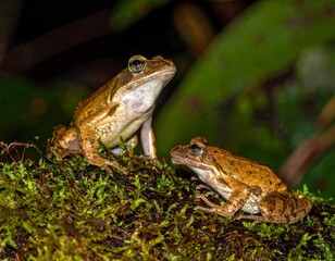 Two brown frogs perched on a mossy log in a lush, green environment, close-up view.