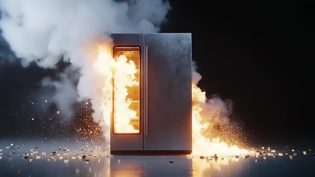 Refrigerator on fire with smoke and sparks exploding outwards.