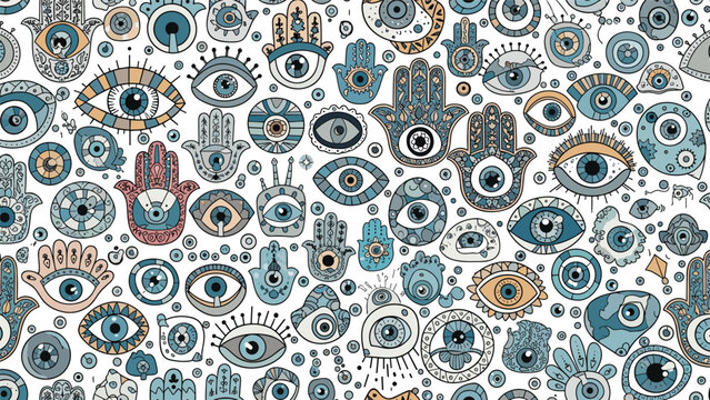 Intricate seamless pattern featuring various hamsa hand symbols and evil eye designs in calming blue and tan tones.