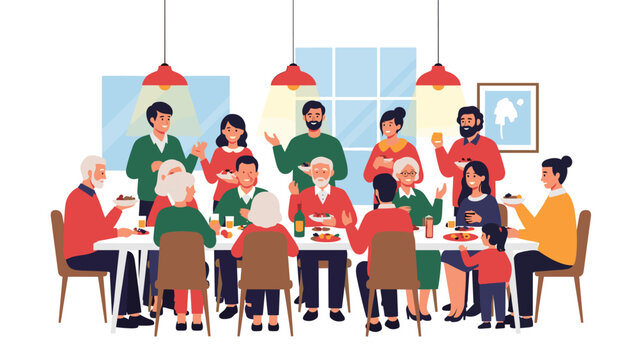 Large multi-generational family enjoys a festive dinner together at a long table during a holiday celebration in a cozy home interior.