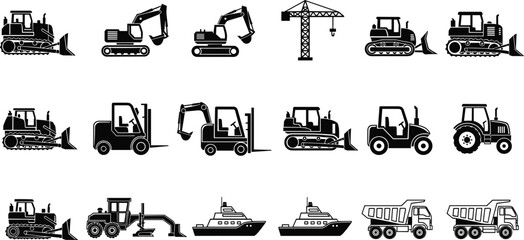 Construction Vehicle Icons Including Bulldozers Excavators Crane Forklift and Dump Trucks Keywords: construction, vehicle, icon © Hey there