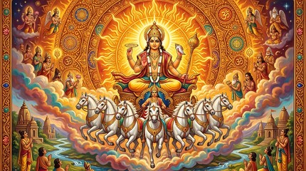 Fototapeta premium Vibrant Deity Riding Horses in Radiant Golden Aura