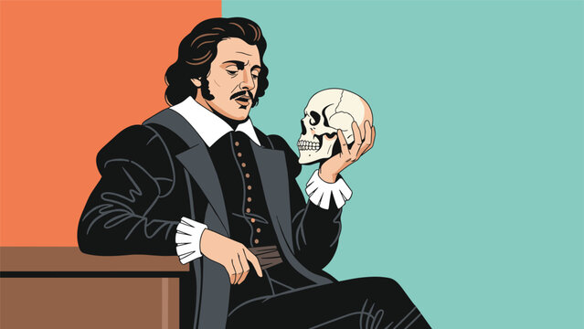 Hamlet character holding a human skull while contemplating life and death in a stylized theatrical literature illustration.