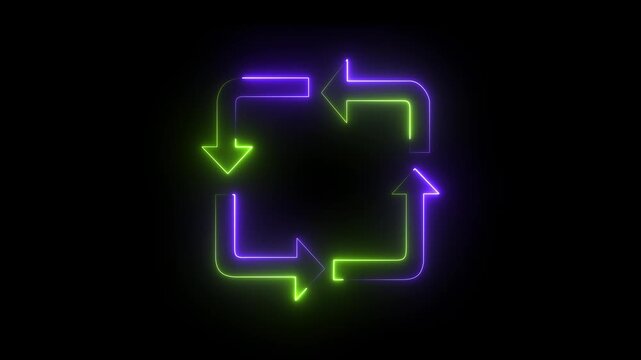 Abstract neon sign in a square shape, with arrows indicating a cyclical direction. Neon is a chemical element, a noble gas, that glows when an electric current is passed through it.