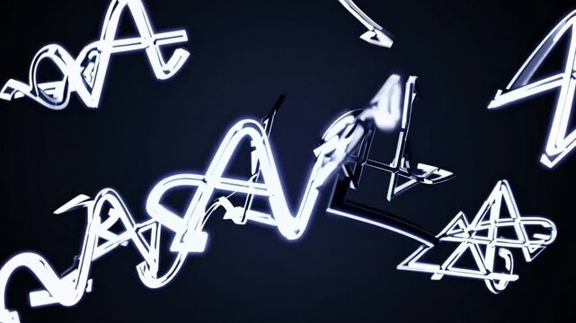 glowing neon strokes on dark background, animated white glyphs loop across frame with kinetic motion and high contrast, futuristic graphic study for music visuals or tech branding