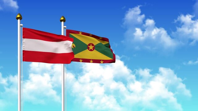 Waving flags of AUSTRIA and GRENADA on pole included with alpha