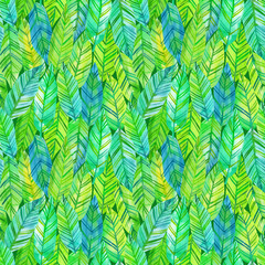 Abstract palm leaves pattern. Hand drawn watercolor seamless pattern. Bright banana leaves background for textile, fabric, surface. Modern fashion repeat tile © balena