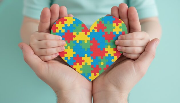 Autism awareness heart puzzle support hands child concept for neurodiversity and inclusion featuring adult and kid holding a colorful heart-shaped symbol on a soft background.