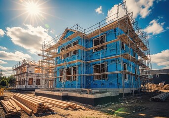 Fototapeta premium Construction of new residential houses with scaffolding under a sunny sky, indicating home building and real estate development