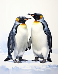 Fototapeta premium Two majestic King Penguins standing together on a snowy surface, facing each other.