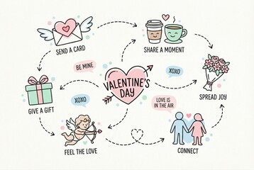 Obraz premium Valentine's Day love map depicting romantic gestures including sending a card sharing moments and feeling loved creating connections expressing joy and affection
