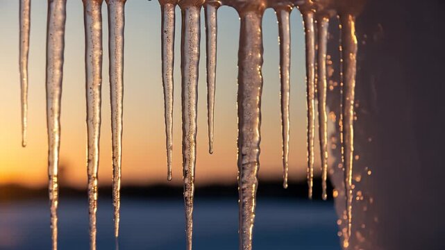 Icicles melting at sunset.