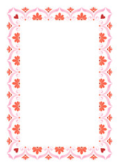 Luxury floral frame with pink blossoms and ornamental pattern. Cute and elegant decorative border in soft pastel colors for wedding invitations, greeting cards, boutique packaging. Vector design