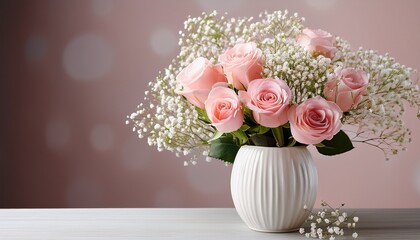 Fototapeta premium Delicate Pink Roses And Gypsophila Elegantly Arranged In A White Ceramic Vase Against A Soft Background