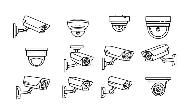Surveillance cameras CCTV linear icons vector set security system outline