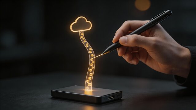Hand using stylus to interact with glowing cloud app on device showcasing seamless API integration and syncing