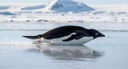 Obraz premium World Penguin Day Penguin Sliding on Ice Belly Slide Ultra Sharp Action Wildlife Photography 8K