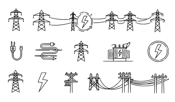 Power line electricity linear icons vector set monochrome outline