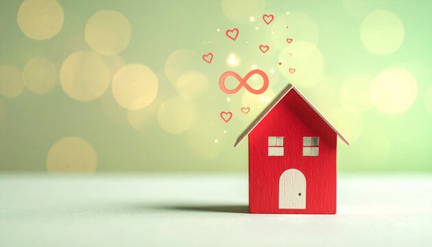 Above the roof, a red infinity symbol and a small heart float, symbolizing eternal love, home ownership, or a long-term relationship.&nbsp;This concept is suitable for real estate, Valentine's Day, asu thw
