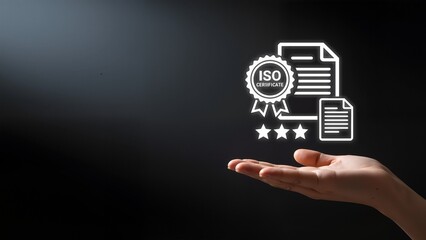 Hand holding ISO certificate icon