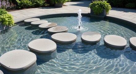 Fototapeta premium Modern water feature showcases round stepping stones over tranquil pond. Landscaping incorporates small fountain, ripples, elegant water feature. Serene water feature provides peaceful ambiance,