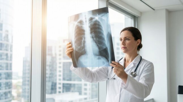 Female doctor examining patients chest x-ray in modern hospital office.