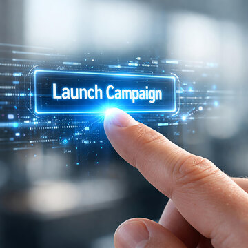 Digital Launch Campaign Concept with Futuristic Touchscreen Interface and Business Marketing Strategyhand pushing a button on a touch screen interface