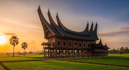 Obraz premium Traditional Indonesian Rumah Gadang Architecture at Sunrise.
