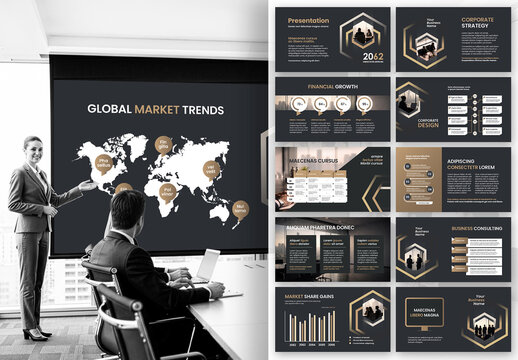 Modern Gold Corporate Business Presentation Template with Global Financial Market Theme