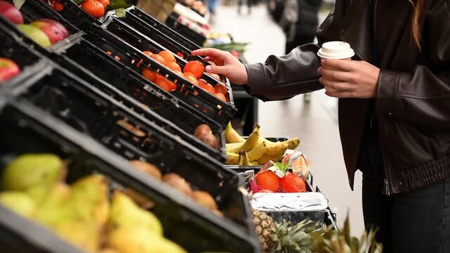 A person in a leather jacket holds a paper coffee cup while picking out a tangerine from an outdoor fruit market display in Paris.