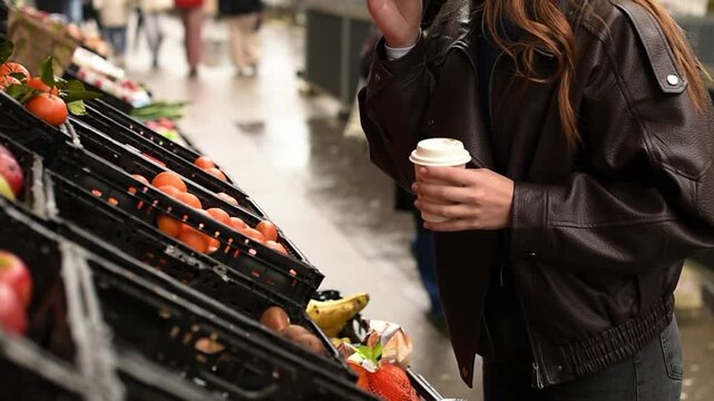 A person in a leather jacket holds a paper coffee cup while picking out an orange from a display at an outdoor fruit market in Paris.