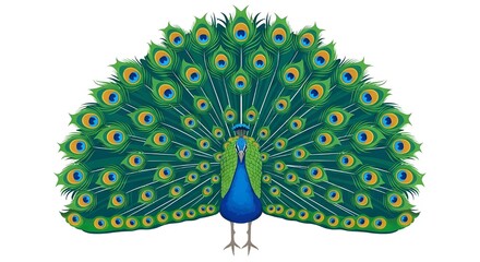Elegant vector illustration of a male peacock with its vibrant green and blue feathers fully spread. High-quality isolated graphic for nature and wildlife design projects