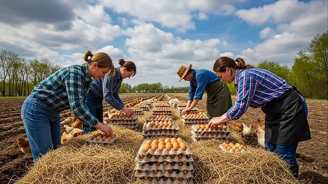 Two diligent women farmers collecting fresh eggs from hay bales on a sunny outdoor farm, depicting sustainable agriculture and hard work.