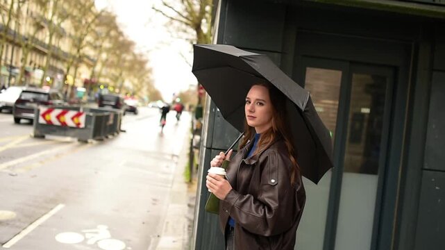 A woman in a brown leather jacket stands on a street in Paris holding a black umbrella and a paper coffee cup on a rainy day.