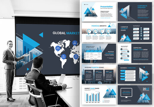 Modern Blue Corporate Business Presentation Template with Global Financial Market Theme