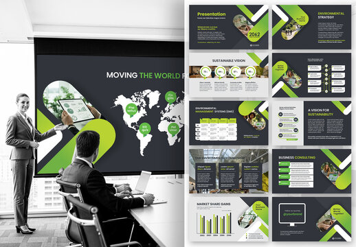 Modern Environmental and Green Energy Business Presentation Template with Dark Background	