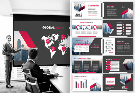 Modern Red Corporate Business Presentation Template with Global Financial Market Theme