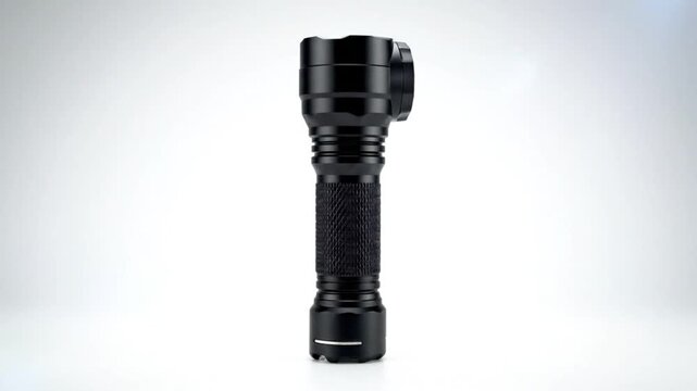 Rotating handheld black flashlight isolated on white background, modern search light equipment concept