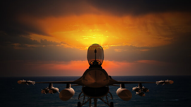 f 16 jet fighter silhouette front view in the sunset 3d rendering illustration
