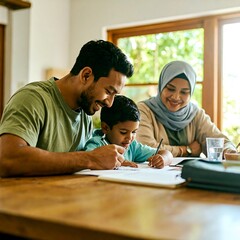 Obraz premium Smiling family bonding over creative activity at home