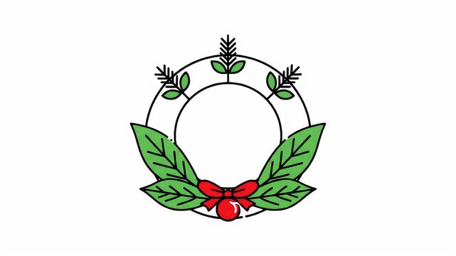 Christmas Wreath with Red Bow and Green Leaves.