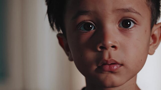 closeup child face with wide eyes, soft warm indoor light, shallow depth of field, neutral curtain background, subtle lip movement, blinking and listening, searching gaze, cinematic mood