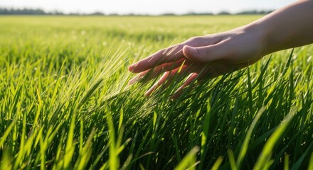 Hand gently touching fresh green field, vibrant with new growth under warm sunlight. Person's delicate fingers brush across blades of young wheat in expansive green field,