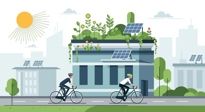 Eco friendly building with solar panels and green roof, promoting sustainable development on Earth Day, viewed from the street with cyclists riding by