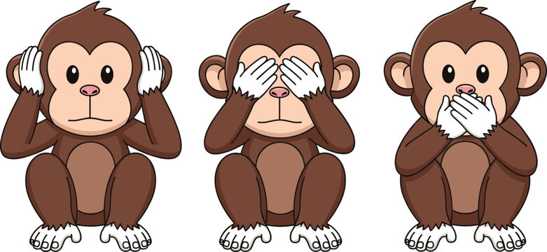 Three Wise Monkeys See No Evil Hear No Evil Speak No Evil Cartoon Vector Illustration