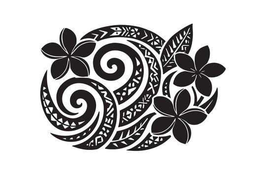 Polynesian tribal tattoo design featuring plumeria flowers and traditional wave patterns