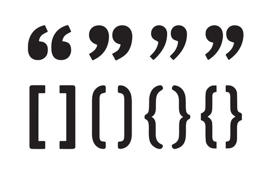 Collection of common punctuation marks including quotation marks, brackets, and braces on white background.